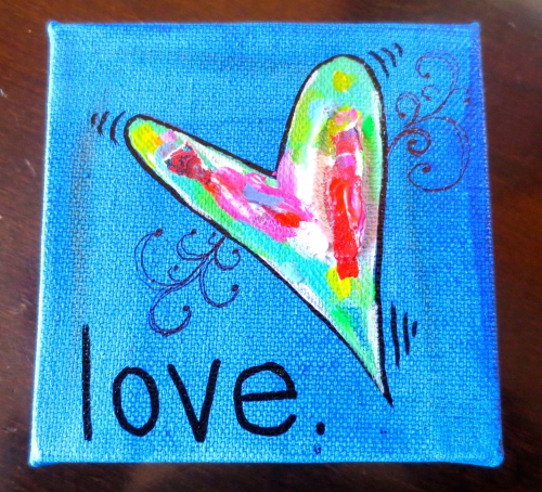 Featuring acrylic paint & texturizing medium, LOVE, a 4"x4" canvas is just $20.